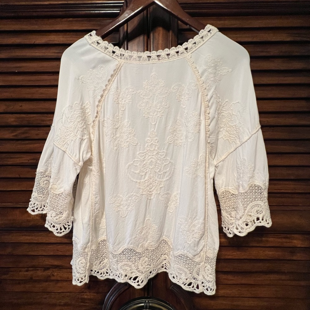 Democracy Embroidered Lace Ivory Color Cotton Blouse XS Boho, Beachy, Flowy - Picture 2 of 10